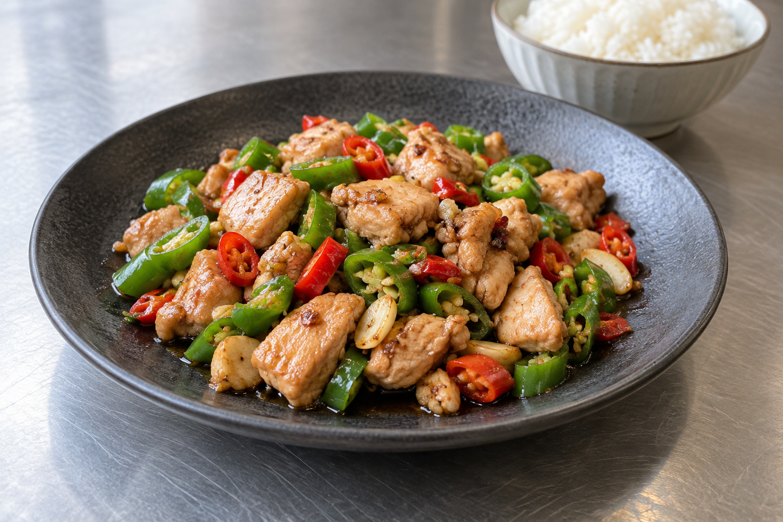 Diced Chicken with Green & Red Chilli — AI-generated food illustrations.
